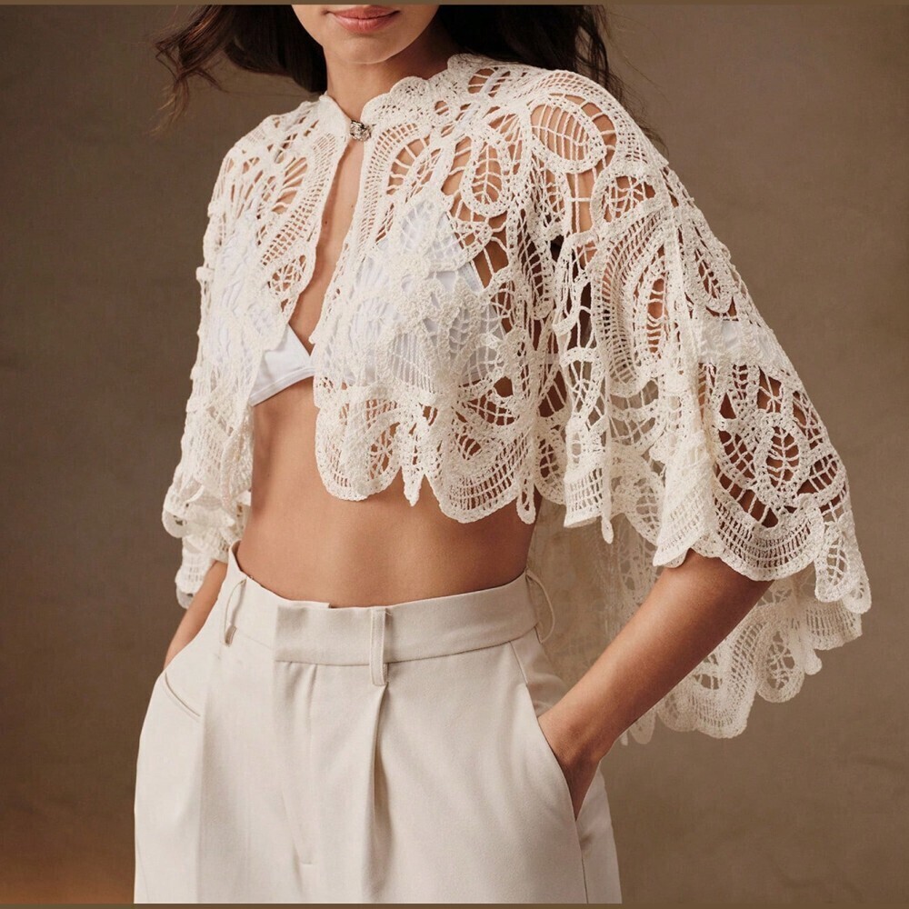 Cream Crochet Lace Scalloped Hem Stand Collar Cropped Cape Top
